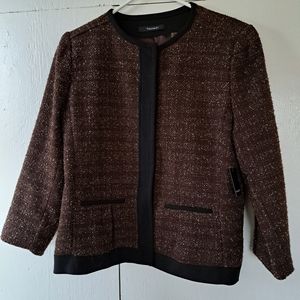 Tahari Ophelia Front Snap Jacket Blazer Brown Black Cream Tweed SZ 10